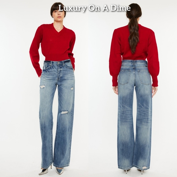 RISEN High-Rise Boyfriend Bootcut Jeans Relaxed Distressed Torn Hole Denim Pants - Picture 15 of 16